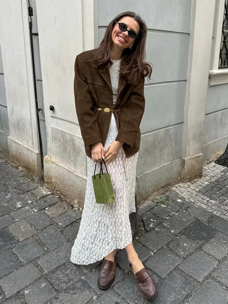 Womens chic brown casual suede jacket with collar long sleeves single chest pocket autumn solid office jacket 3193 241115