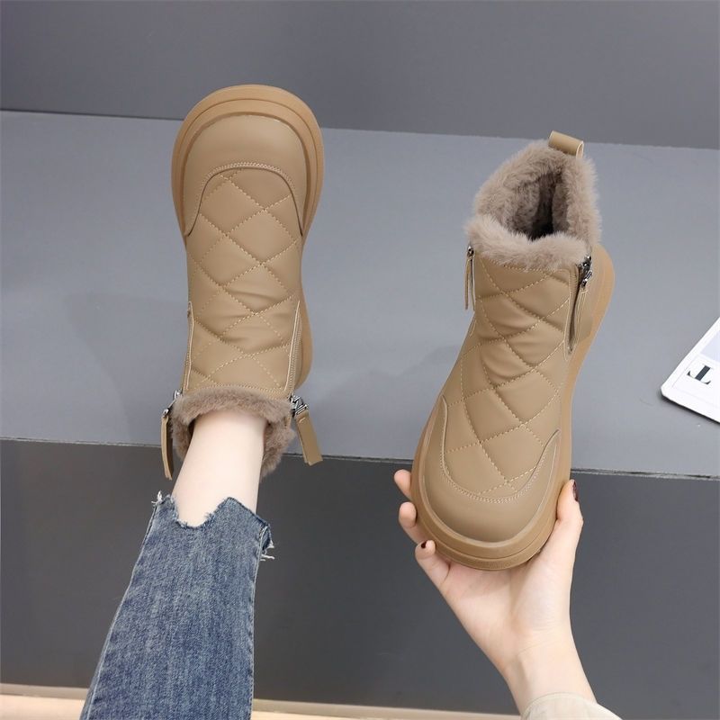 Women's Snow Boots: 2024 Fleece Winter Warm, Anti-slip Thick Sole Versatile, Black/Khaki e9bd