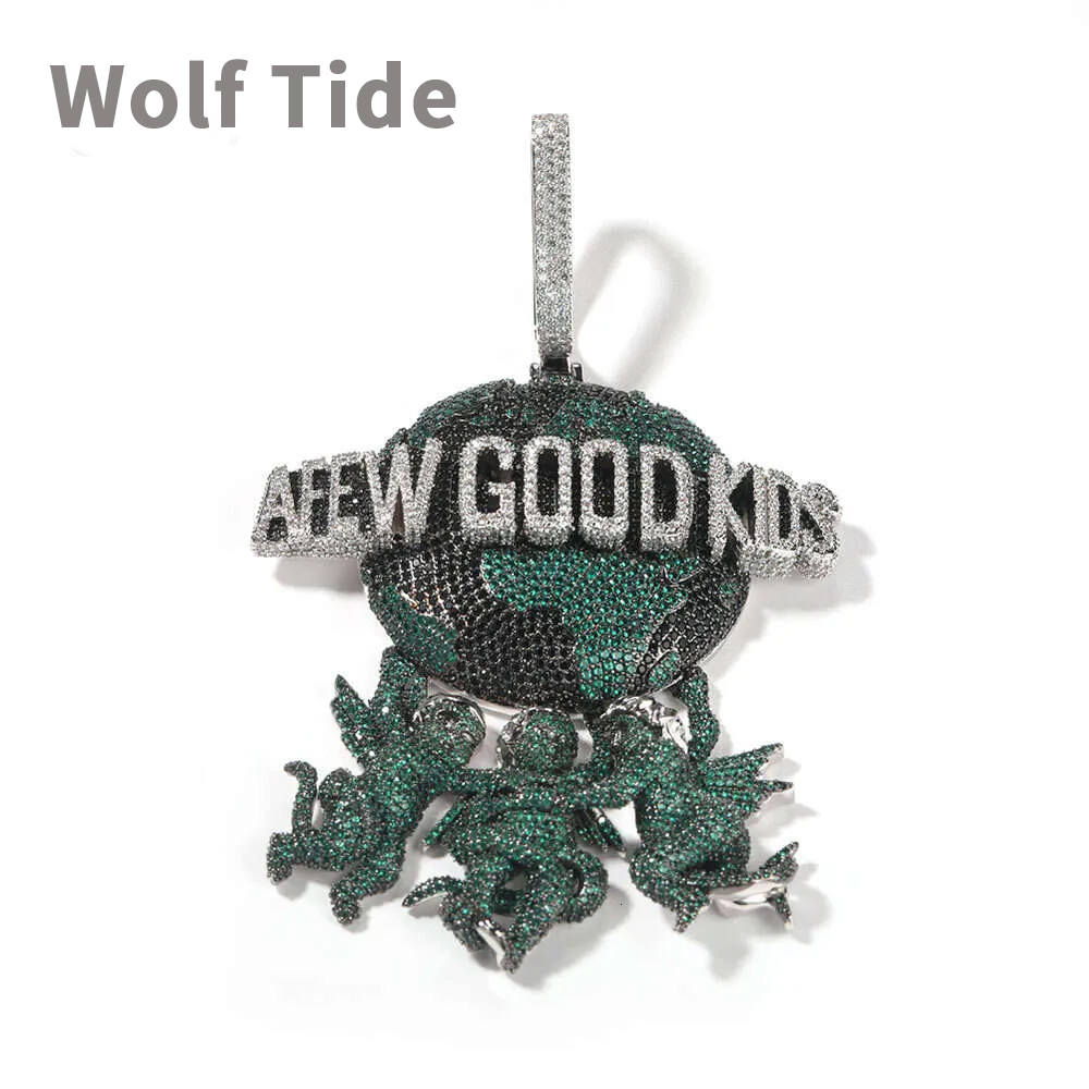 Top Quality Hip Hop Wolf Tide Hip Hop New Angel Earth Pendant Necklace Copper Set Colorful Cubic Zirconia Versatile Fashion Brand Metal Jewelry neckla
