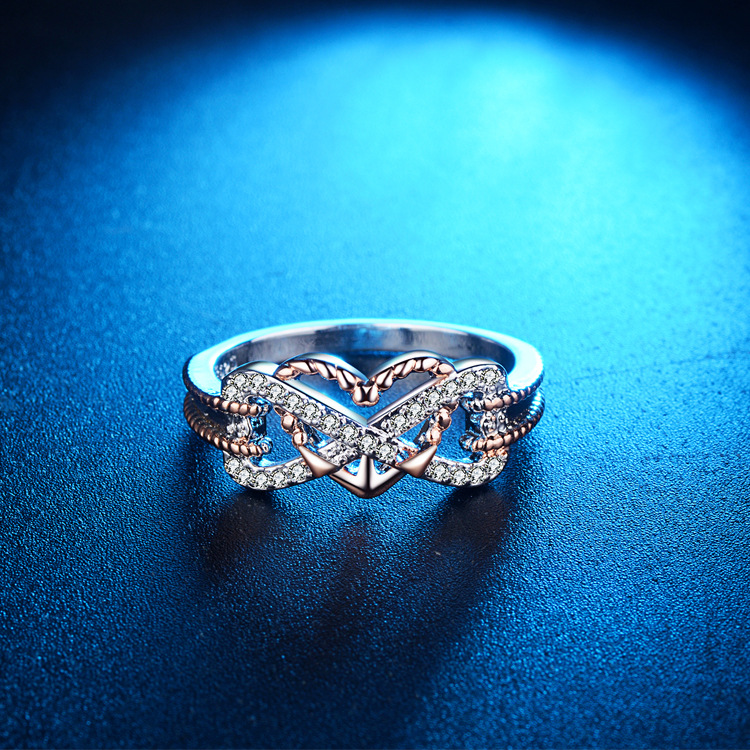 New creative hot style fashionable flower pattern love heart-shaped ring split gold and color-preserving electroplated zircon ring for women