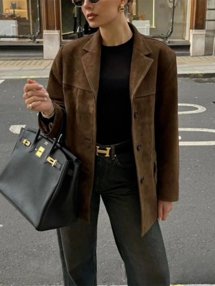 Womens chic brown casual suede jacket with collar long sleeves single chest pocket autumn solid office jacket 3193 241115