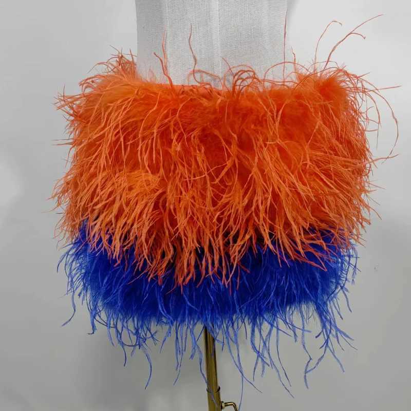 Sexy Skirt True ostrich feather Multicolor Mini Skirt Elastic Waist Sexy Clothing Club Party Dance Rave Short Skirt Note select 3 colors z241206