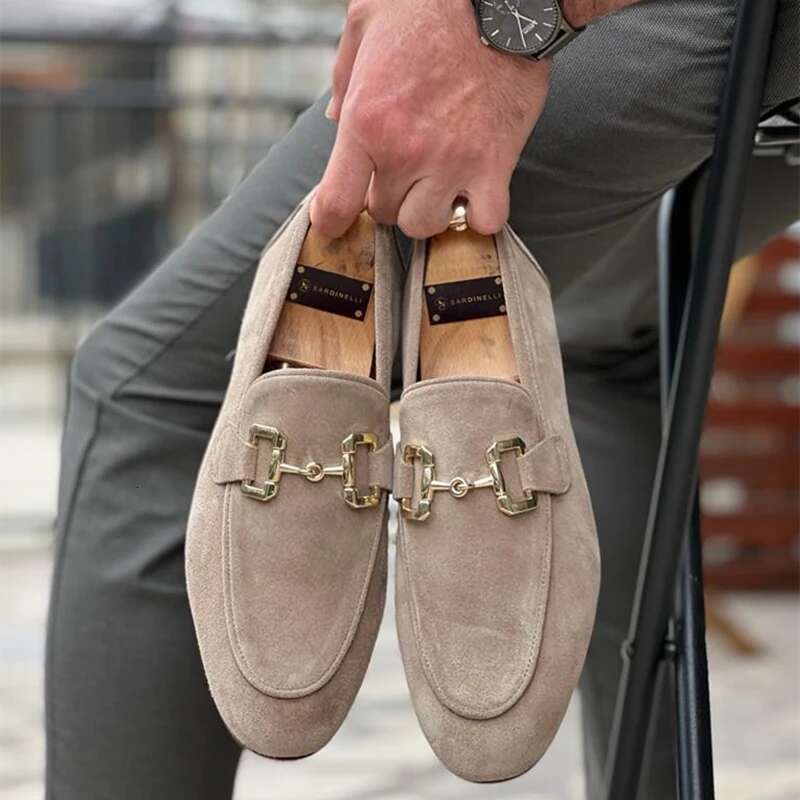Loafers Black Beige ck Round Toe Metal Decoration Dress Slip on Men Shoes
