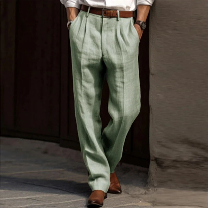 Cotton Linen Pants Men Business Casual Fashion Thin Suit Trouser Autumn Vintage Mens Solid Color Pleated n Waist 241116