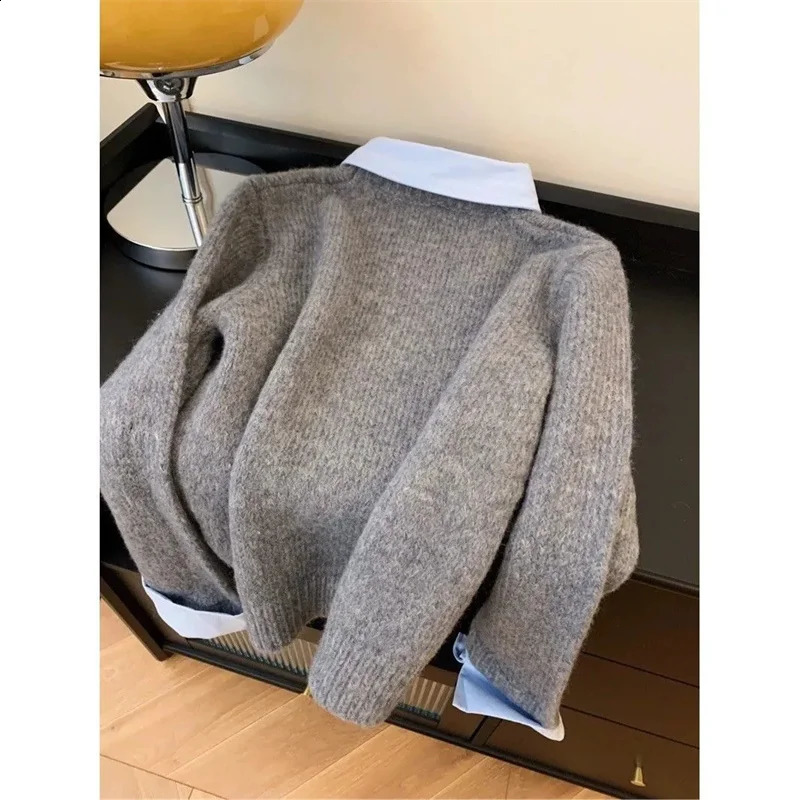 Two shirts Collar Sweater Womens Autumn Outfit Lazy Linterior Contrasting Color Gray Knit Top With Flip 241116