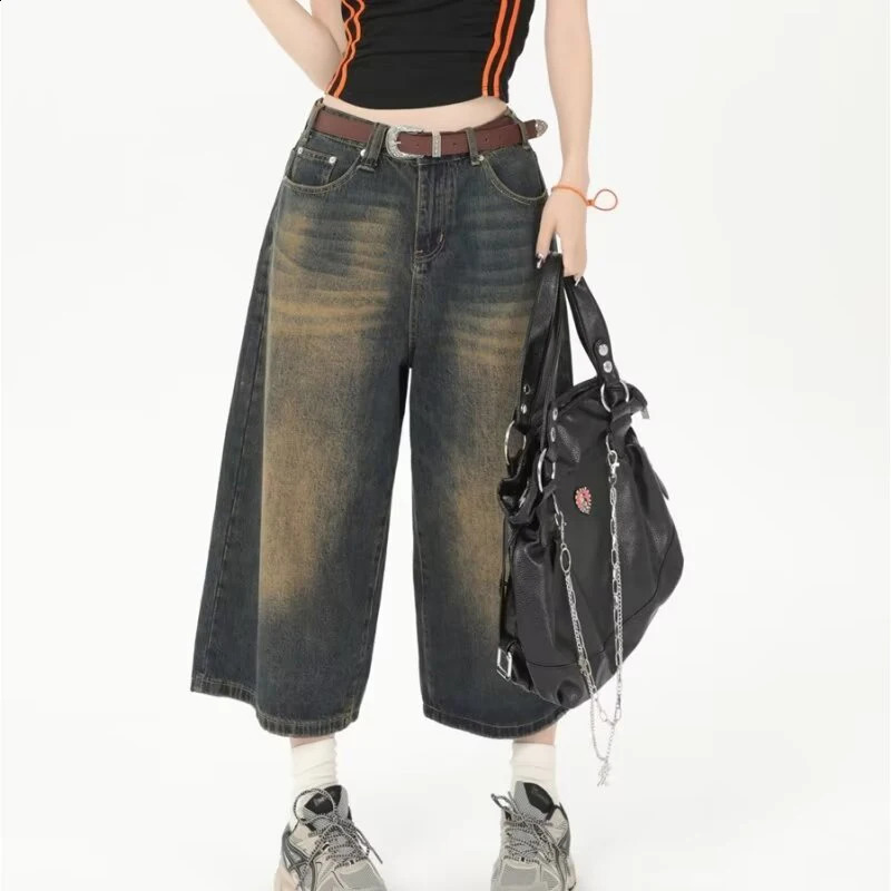 Y2k Cropped Barrel Jeans Woman 2024 Loose Knee Length Shorts Wide Leg Baggy Pants Mens Oversize Denim Trouser Short 241108