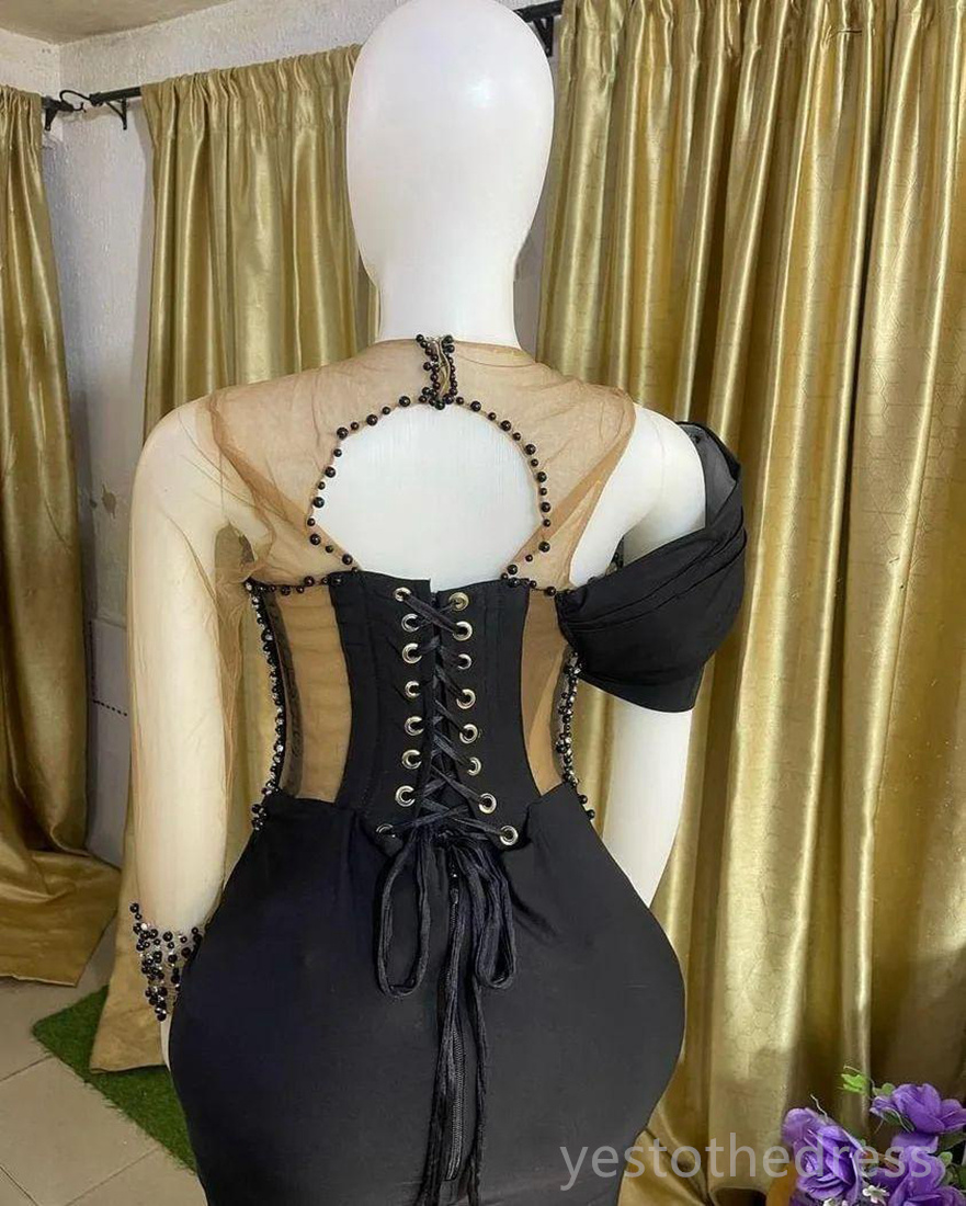 2024 Plus Size Black Prom Dresses for Black Women Illusion Mermaid Evening Formal Gowns Long Sleeves Beaded Rhinestones Birthday Party Dress Reception