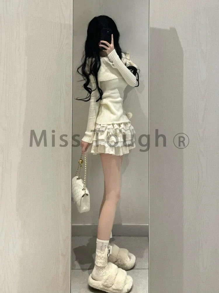 Winter Kawaii Sweet 2 Piece Set Woman Off Shoulder Bow Knitted Tops Mini Cake Skirt Female Korean Fashion Casual Suit 2024 240403