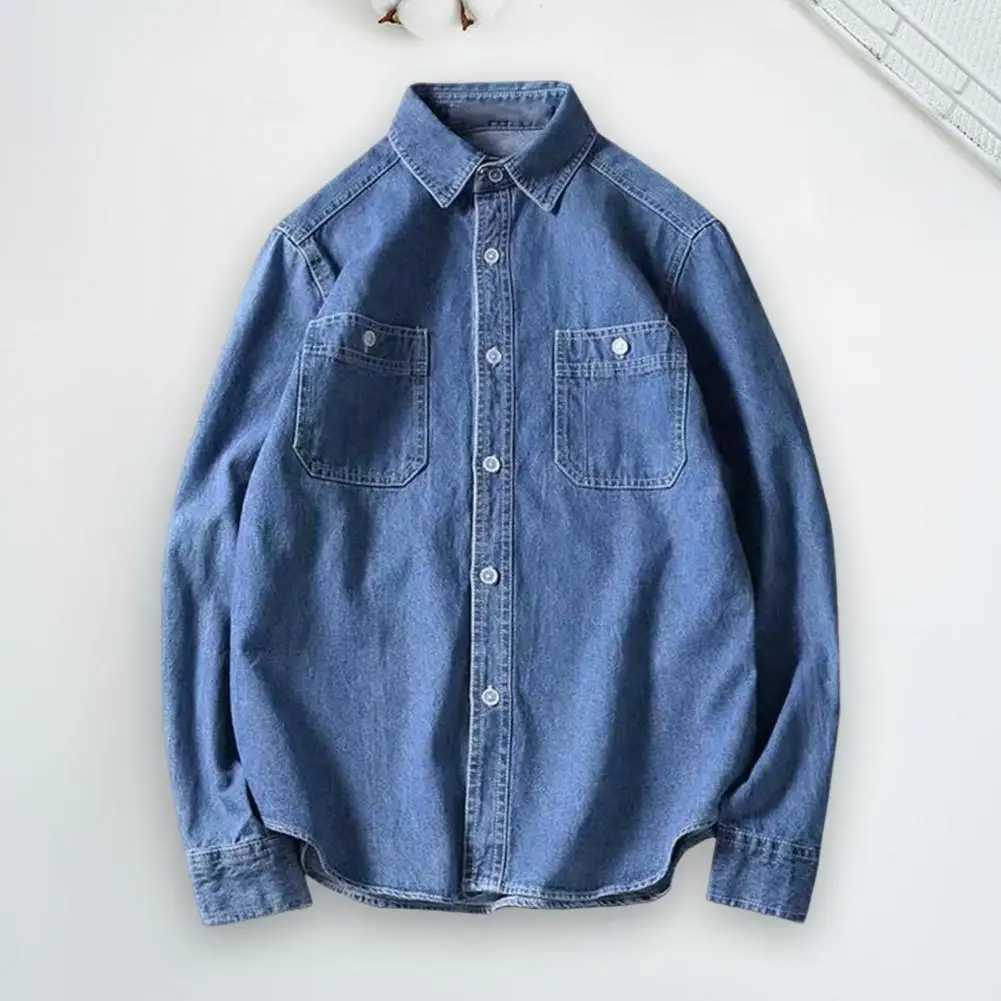 Men's Casual Shirts Trendy Male Shirt Jacket Skin-touch Solid Color Handsome Turndown Collar Buttons Men Denim Streetwear 240417