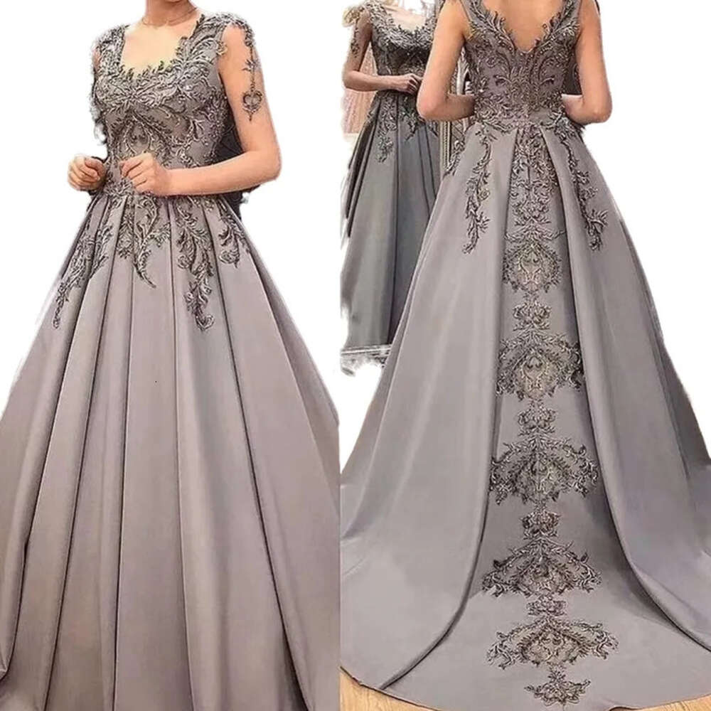 Women Gray A-Line Evening Dresses 2022 Formal Party Gowns Night Robe De Soiree Elegant Lace Appliques Transparent Long Sleeves Prom Dress Special Ocn 