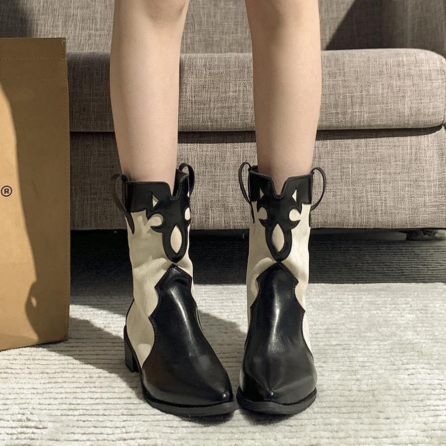Black Pointed American Retro Western Knight Boots Free Shipping.