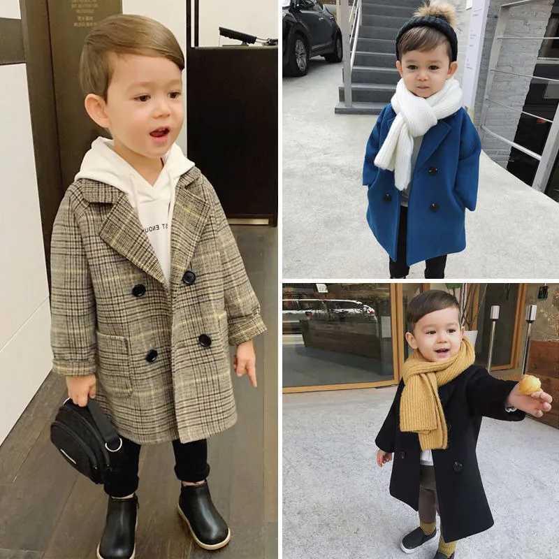 High Quality Winter coat grid jacket boys and girls wool double-layer baby boys trench coat lapel childrens coat jacket 2 3 4 5 6 7 years old T241116