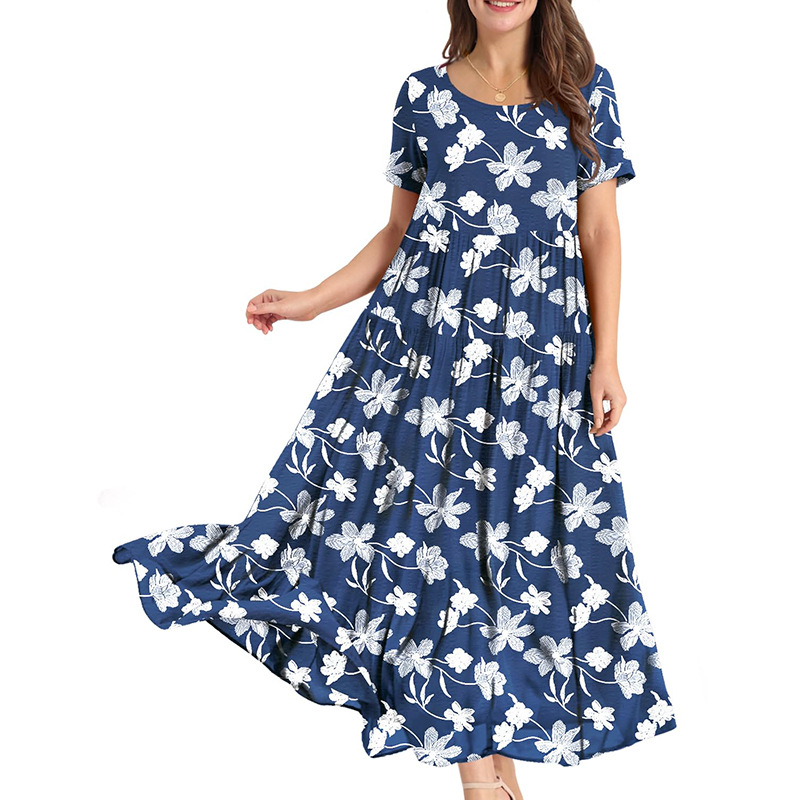 luxury clothes women designer dress women dresses Polyester Crew Neck Summer Conventional Sleeve Flora Printed Dresses Short Sleev vestidos dresses fo