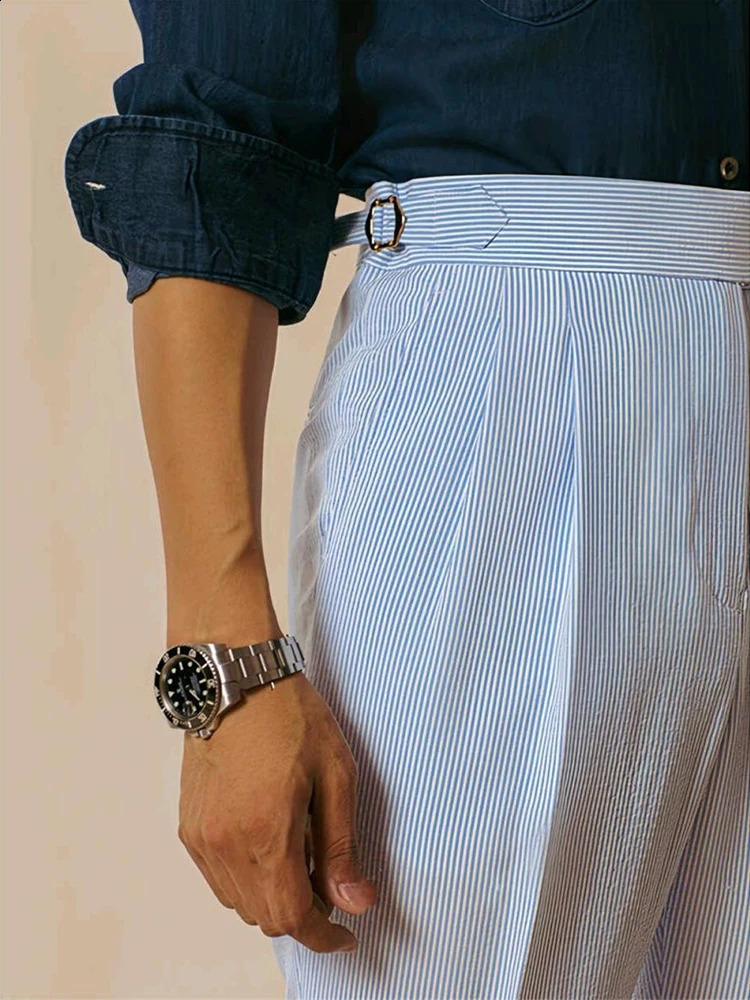 Classic Striped High Waist Suit Trousers Men Vintage Belt Laceup Straight Pants Spring Summer Mens Fashion Pleated Slim 241116