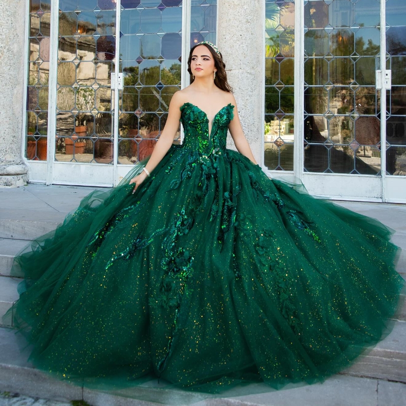 Blackish Green Sweetheart 3D Flowers Quinceanera Dress Ball Gown Puffy Dress 16th Birthday Applique Beads vestido de 15 anos
