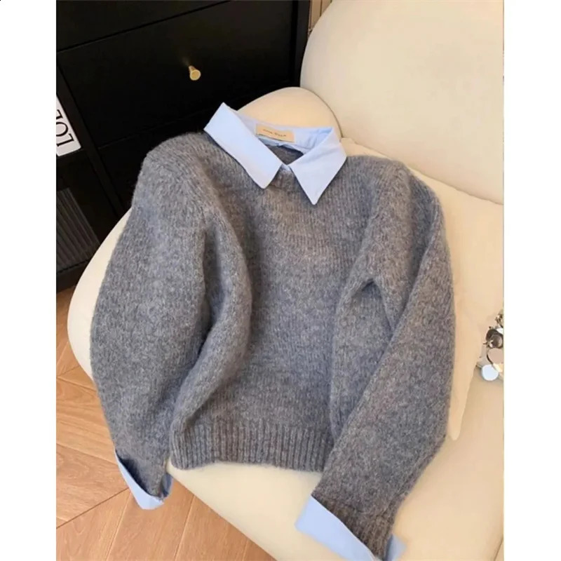 Two shirts Collar Sweater Womens Autumn Outfit Lazy Linterior Contrasting Color Gray Knit Top With Flip 241116