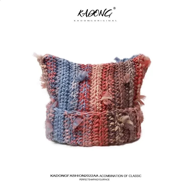 Sweet dopamine mixed color curly drawstring hat Y2K autumn and winter outdoor casual warm and cute cat ear beanie hat 241116