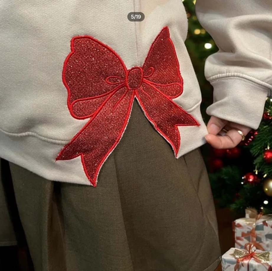 Christmas Embroidered MOM Glitter Bow Hoodie Sweatshirt