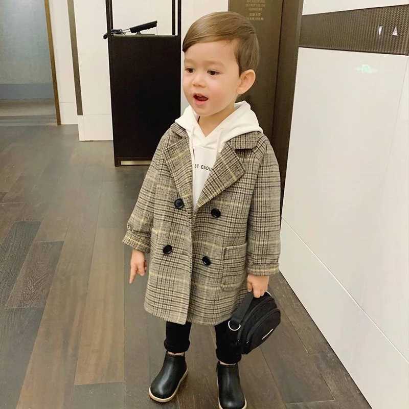 High Quality Winter coat grid jacket boys and girls wool double-layer baby boys trench coat lapel childrens coat jacket 2 3 4 5 6 7 years old T241116