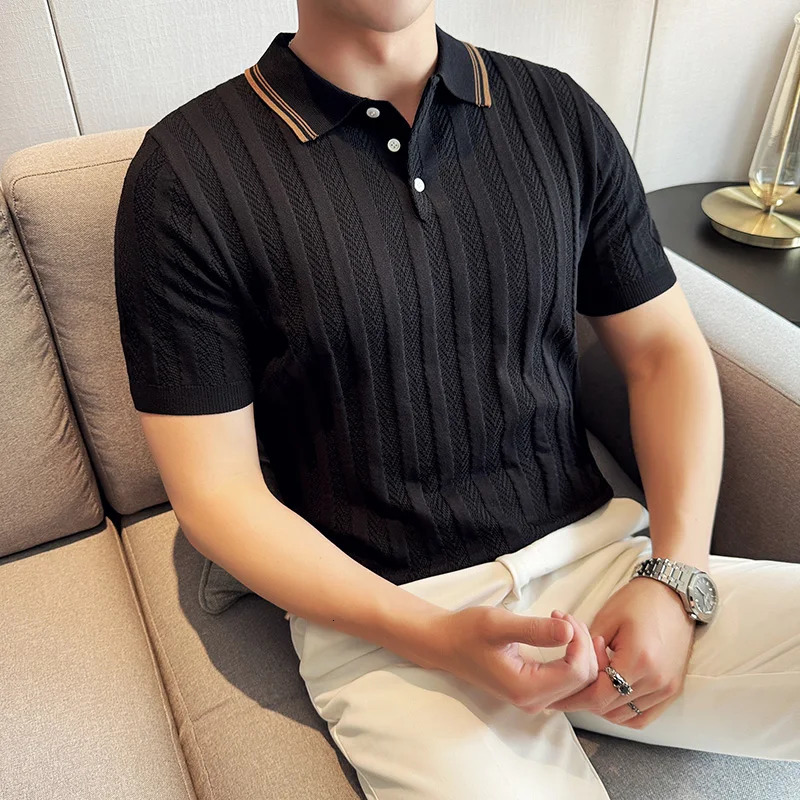 Mens Business Casual Polo Shirt Ice Silk Striped Collar Top High-Quality Short-Sleeved T-Shirt For Spring And Summer . 240415