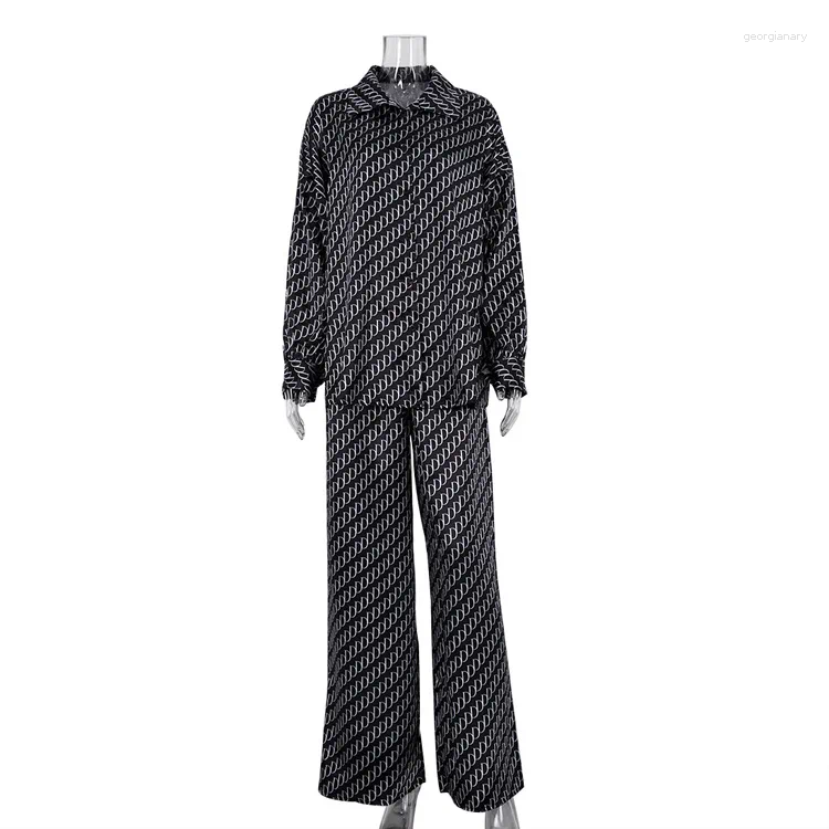 Women's Two Piece Pants Satin Printed Two-piece Set 2024 Summer Long Sleeve Shirts For Women Suits Wide Leg Vacation Casual Fashion Sets