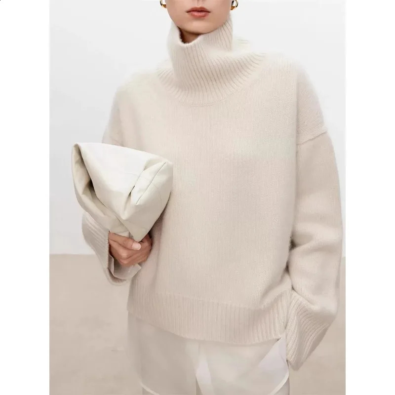 Thickened turtleneck 100% pure cashmere sweater womens loose lazy knit silhouette European products 241116
