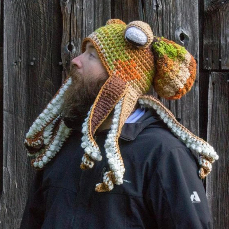 handmade fun tentacle octopus hat crochet hook Cthulhu beard bunny mens knitted hood Halloween animal gift 241116