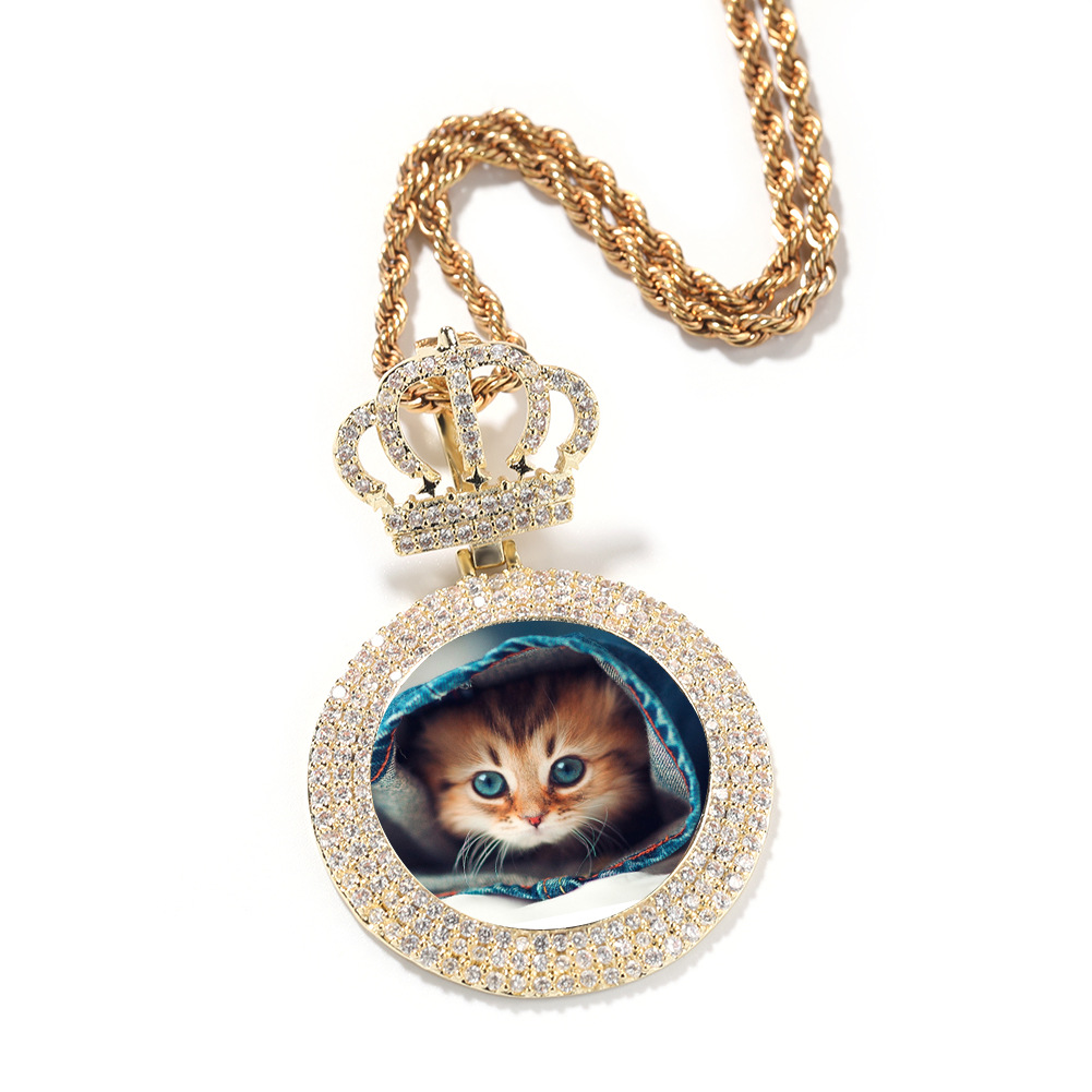 Custom Photo Pendant Necklace Crown Clasp Round Memorial Frame Medal Pendants