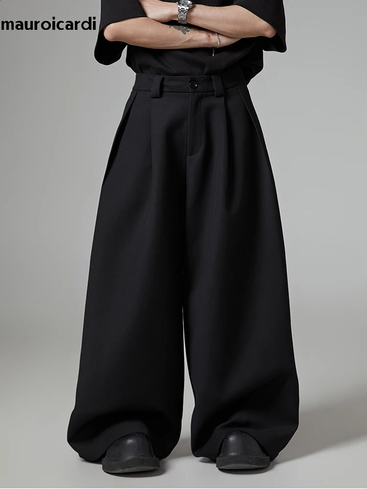Mauroicardi Spring Autumn Oversized Long Black Flowy Baggy Wide Leg Pants for Mens Streetwear Loose Casual Soft Trousers 241116