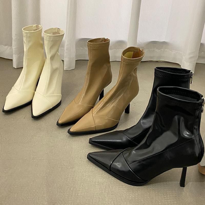 Fashion Pointed Toe High Heel Booties: Versatile Euro-American Style, Black/Beige e50f