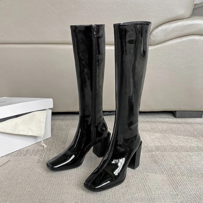 Blue womens boots winter knees womens long wheelbase shoes square toes Changchun autumn fashion work trend Gyaru Pu 241116