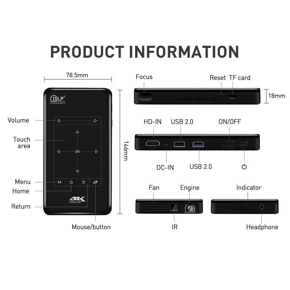 Projectors Top! P09-II Portable DLP Mini Pocket Projector Android 9.0 2GB RAM 32GB WIFI 5 BT4.2 4K HD Beam Home Theater LED Video Projector Q241116