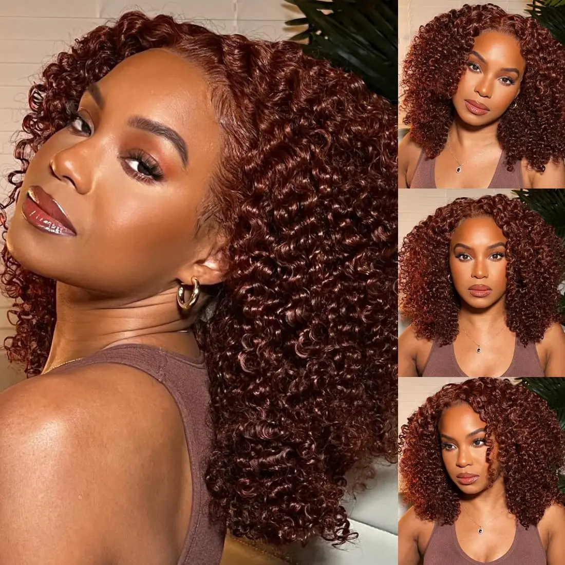 Reddish Brown 360 Lace Frontal Kinky Curly Ready To Wear Human Hair Wigs Auburn Copper Red Colored Preplucked Glueless Synthetic Wig