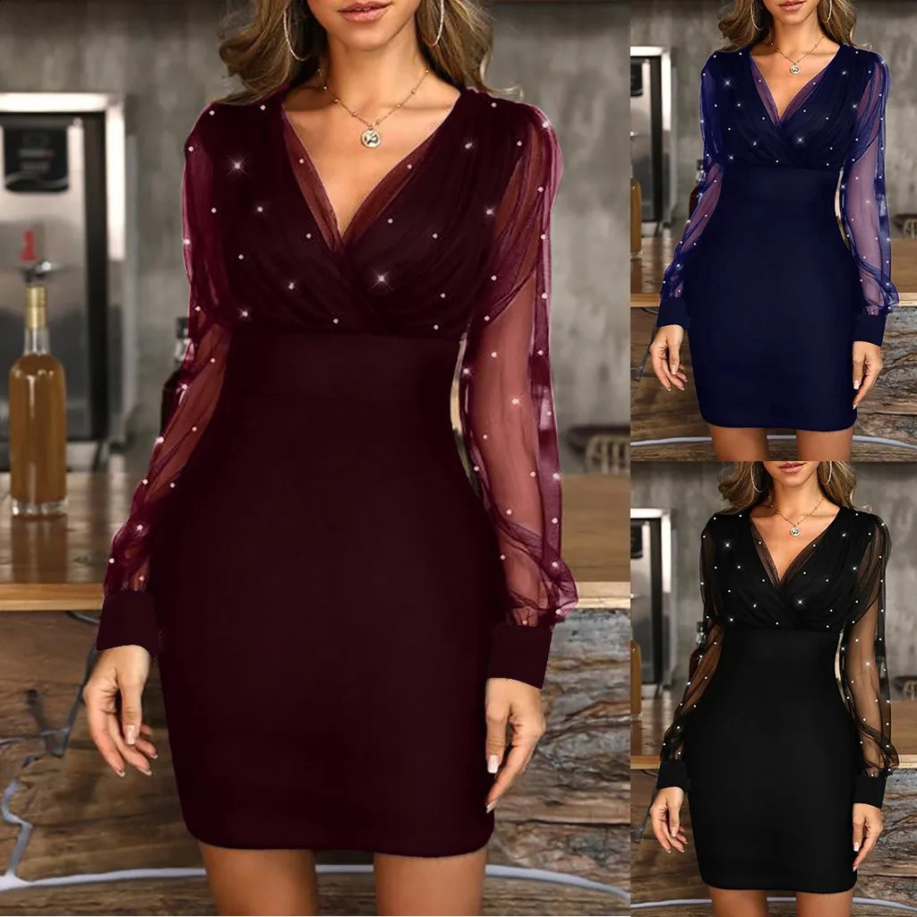 2024 Fashion Dress Wonen Cocktail Party Sexy Retro Elegant With Sequins Female See Through Long Sleeve Wrap Hip 241116Y