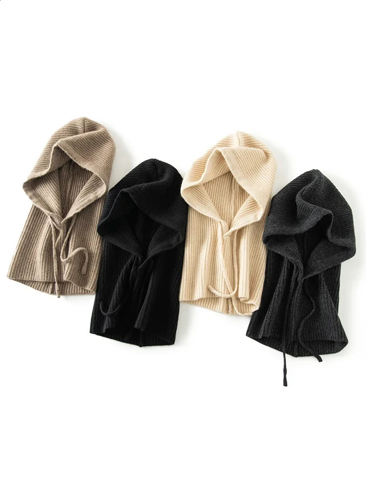 Wool and cashmere knitted hood scarf elegant hat Beanies womens mens winter collar warm Balaclava headwear unisex style 241116