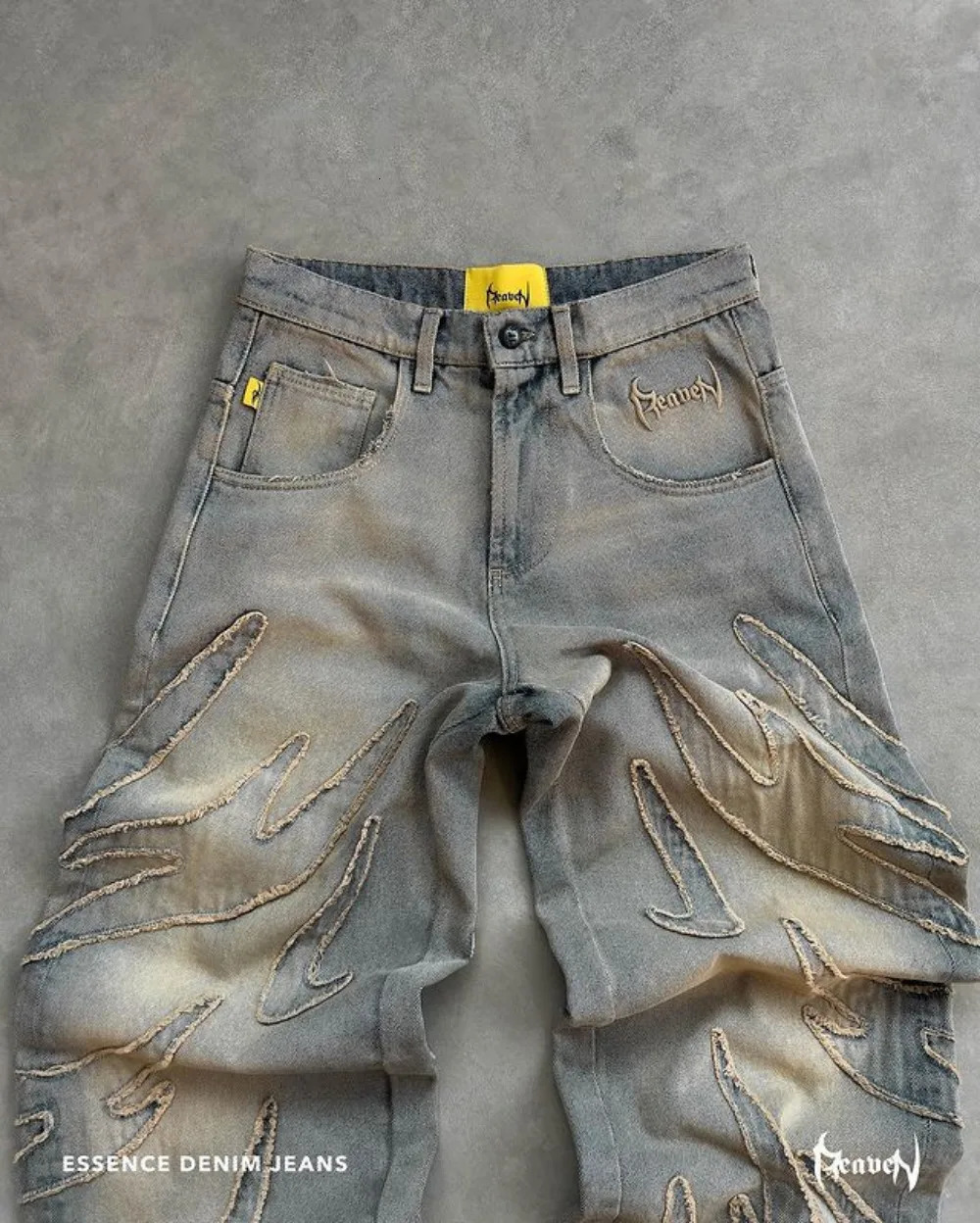 Streetwear Reaven Jeans Mens Y2k Hip Hop Distressed Retro Blue Baggy Jeans Harajuku Gothic High Waist Wide Leg Trousers 240415