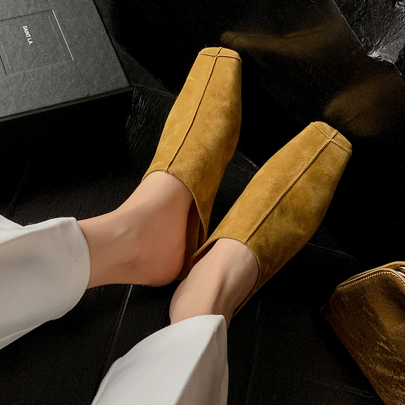 Suede Women Mules Low Heels Square Toe Slippers Genuine Leather Retro Style Casual Working Shoes Woman Spring Summer 2024 New