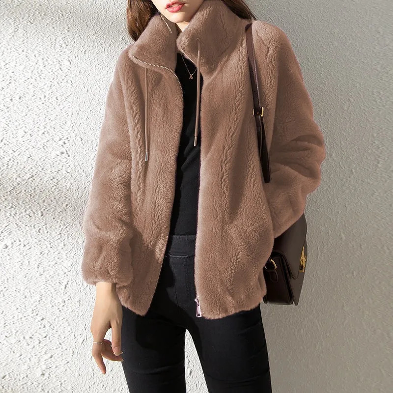 Woman 2024 Fleece Teddy Jacket Cropped Hoodies Plush for Women Long Sleeve Fluffy Zip Up Winter Coat 241116