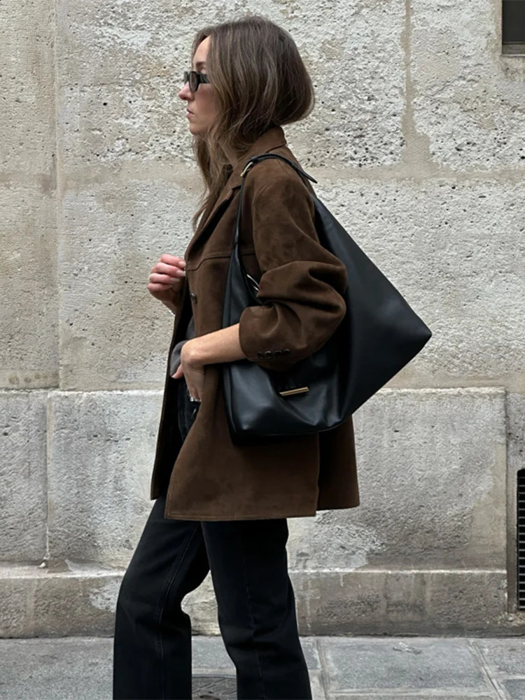 Womens chic brown casual suede jacket with collar long sleeves single chest pocket autumn solid office jacket 3193 241115
