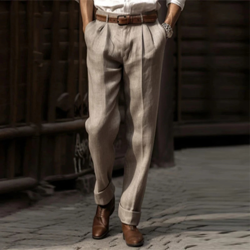 Cotton Linen Pants Men Business Casual Fashion Thin Suit Trouser Autumn Vintage Mens Solid Color Pleated n Waist 241116