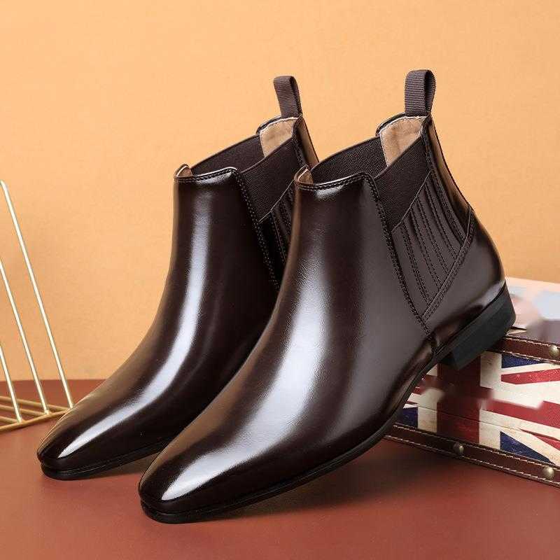 Boots Mens Pointed English Chelsea Boots Mens Minimalist High Top Business Dress Leather Shoes