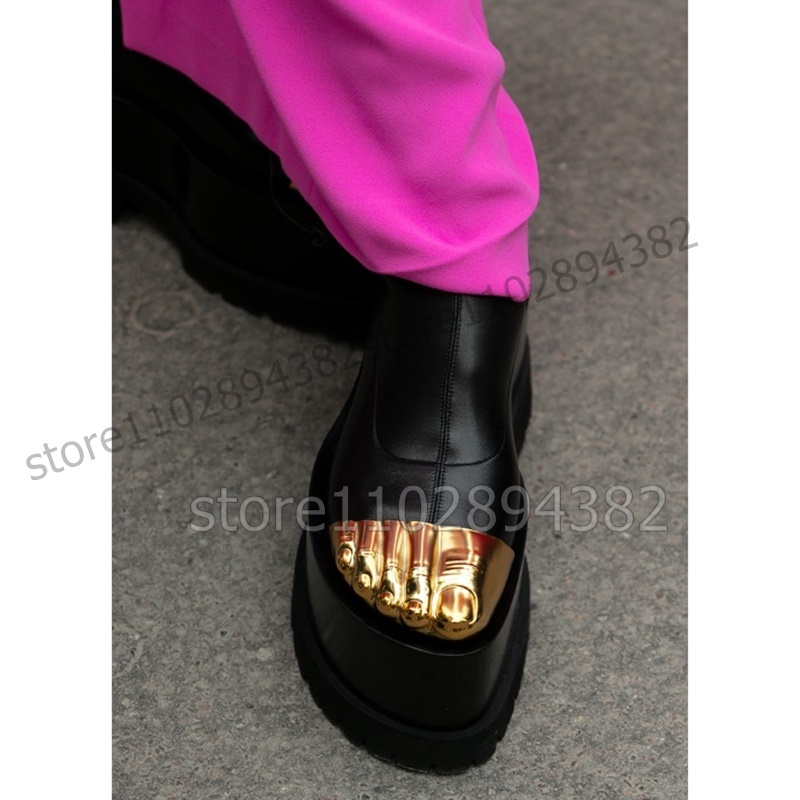 Gold Five Fingers Design Black Matte Leather Boots Back Zipper Women Shoes Thin High Heel Novel Fashion 2023 Atos Para Mujere