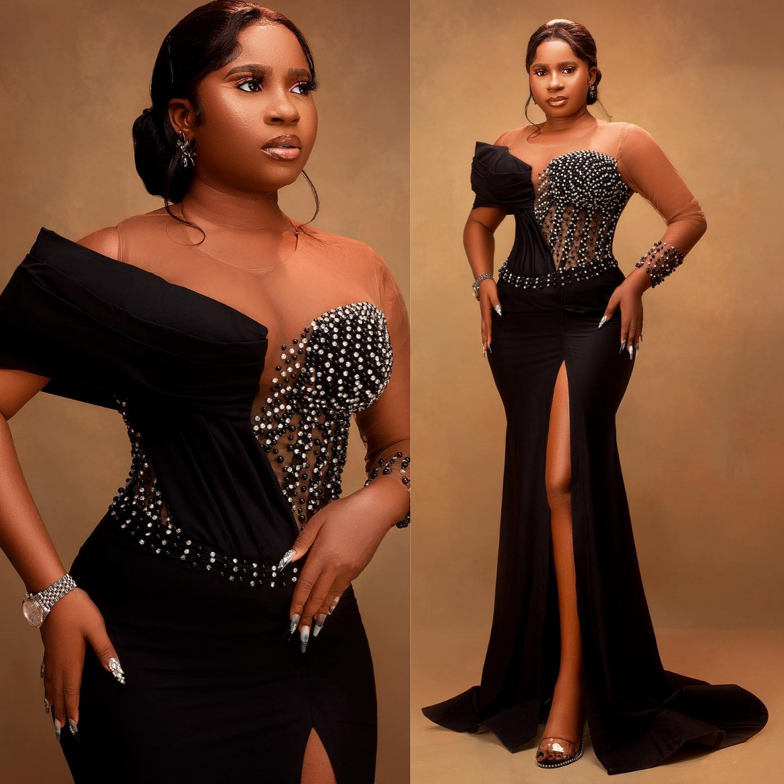 2024 Plus Size Black Prom Dresses for Black Women Illusion Mermaid Evening Formal Gowns Long Sleeves Beaded Rhinestones Birthday Party Dress Reception