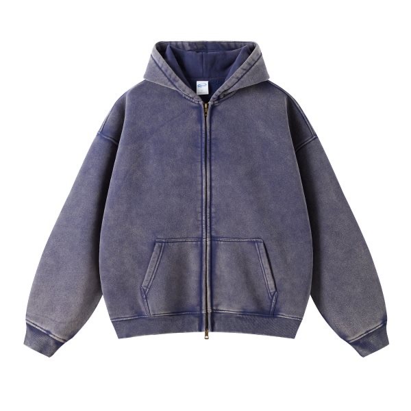 Wholesale streetwear heavyweight oversized hoodie no string zip up hoodie vintage acid wash mens hoodie