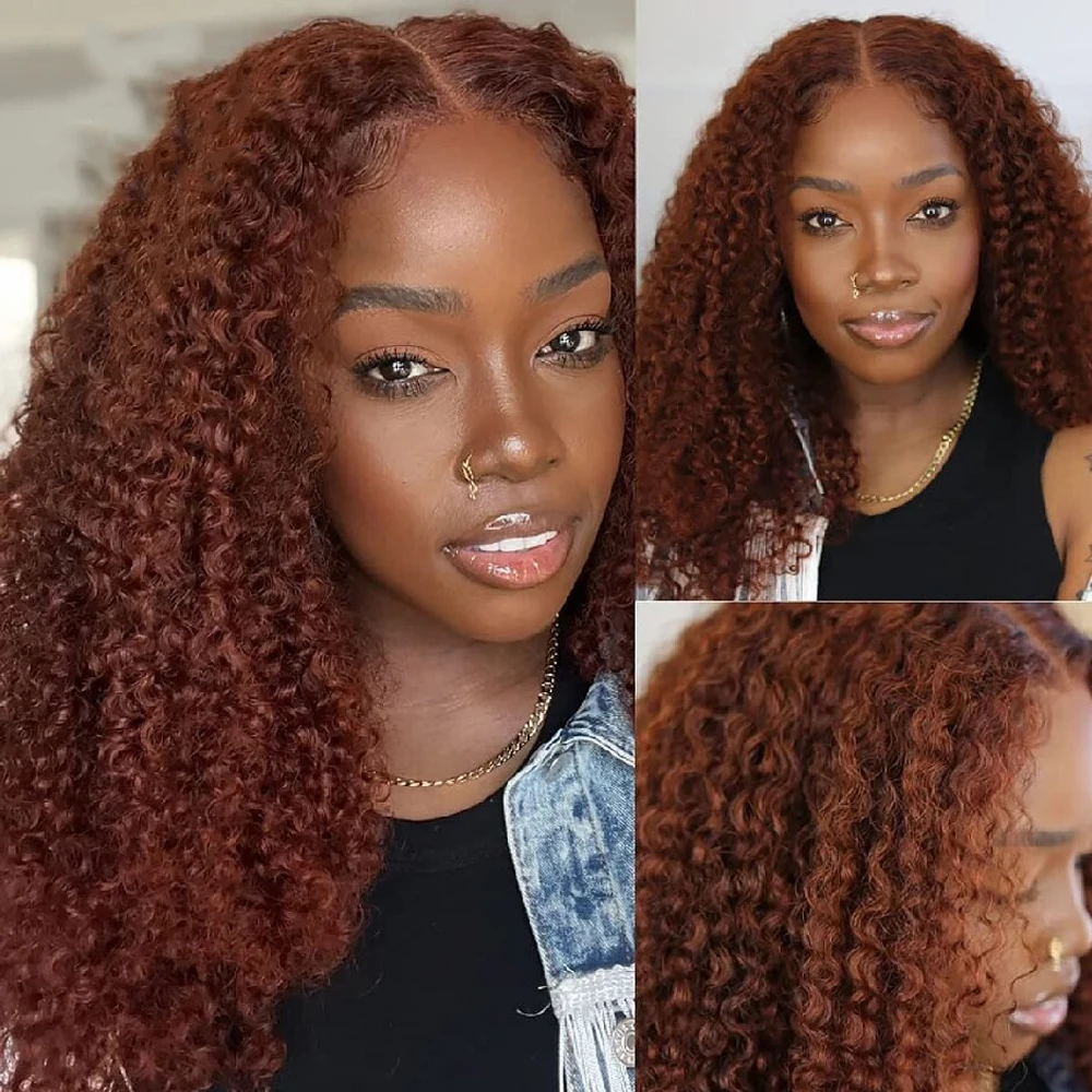Mogolian Reddish Brown Jerry 13x4 Front 250%Remy Human Hair Wigs Kinky Curly Glueless HD Transparent Lace Frontal Wig