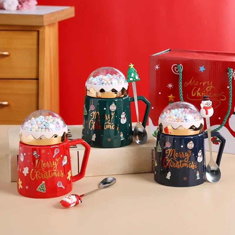 480ml Christmas Mugs with Lid Santa Claus Spoon Large Capacity Cute Creative Coffee Cup Xmas Gift for Kid Milk Tea Mug Drinking 241116