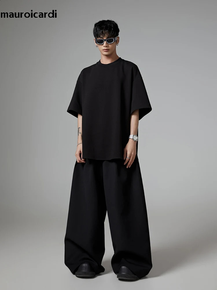 Mauroicardi Spring Autumn Oversized Long Black Flowy Baggy Wide Leg Pants for Mens Streetwear Loose Casual Soft Trousers 241116