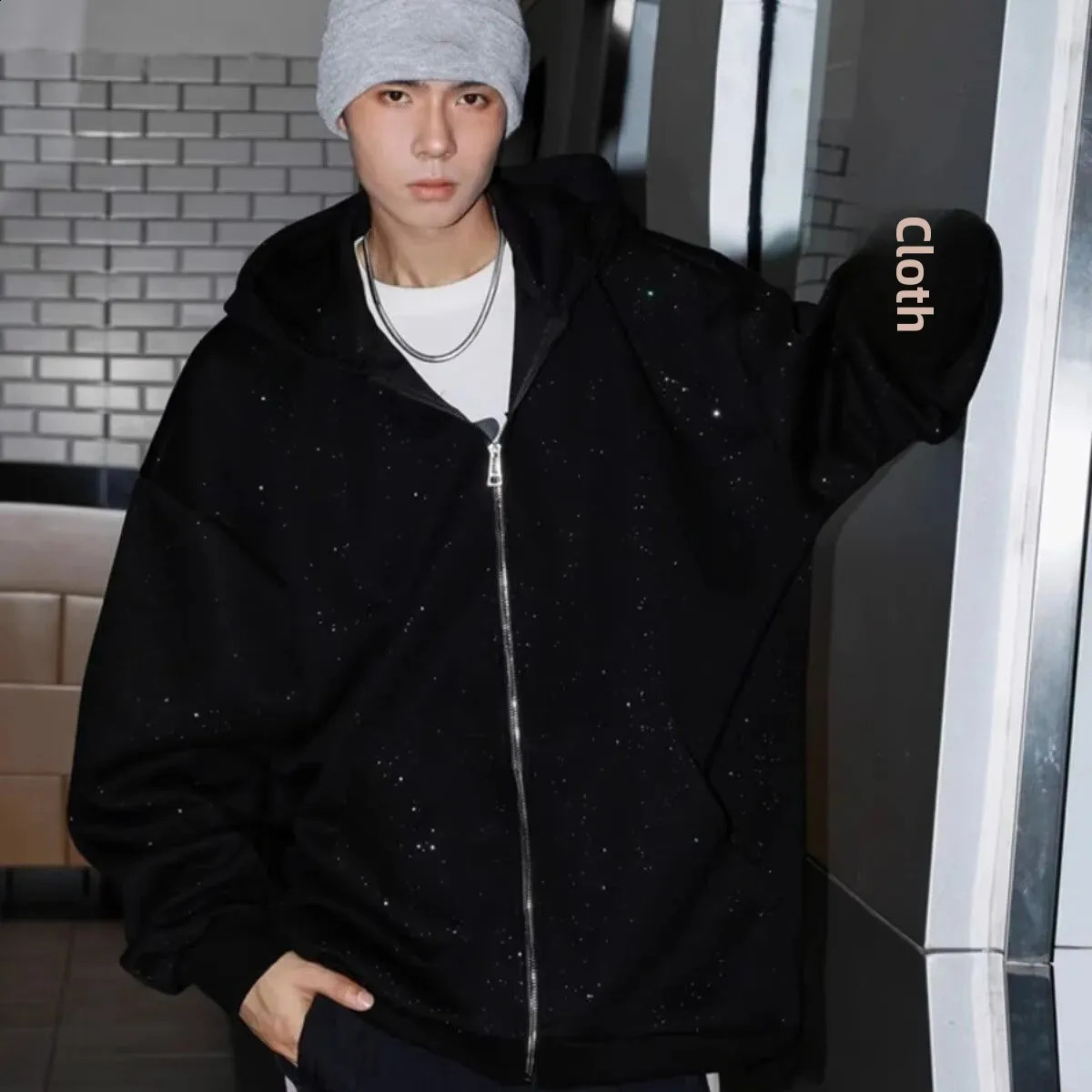 Spring AutumnWinter Full Star Hooded Cardigan Sweatshirt Glitter Loose Fit Men Womens Same Style Top Co 241116