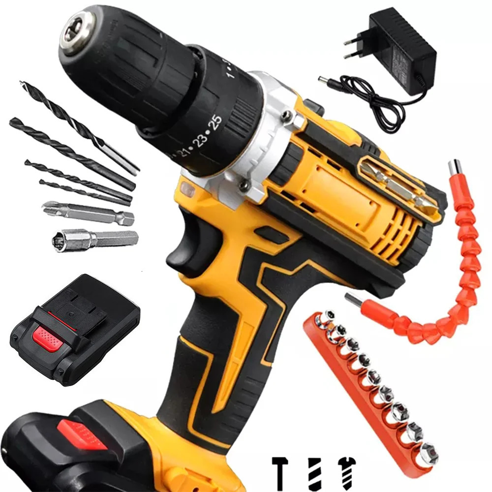 Wiredless Impact Drill Screwdriver Rechargeable Battery Cordless Hammer 253Torque Setting Electric Power Tool 240402