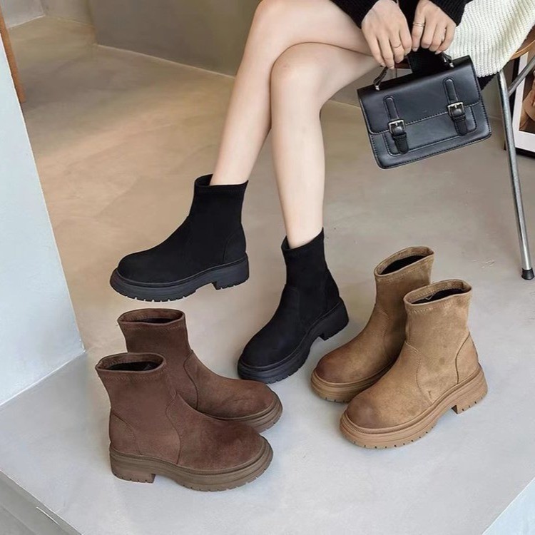 Women's Boots:Simple Design Solid Round Toe Thick Sole Increase Height Short Boots Slim 2024 New Fashion Casual Versatile,Black/Khaki/Brown,Free 